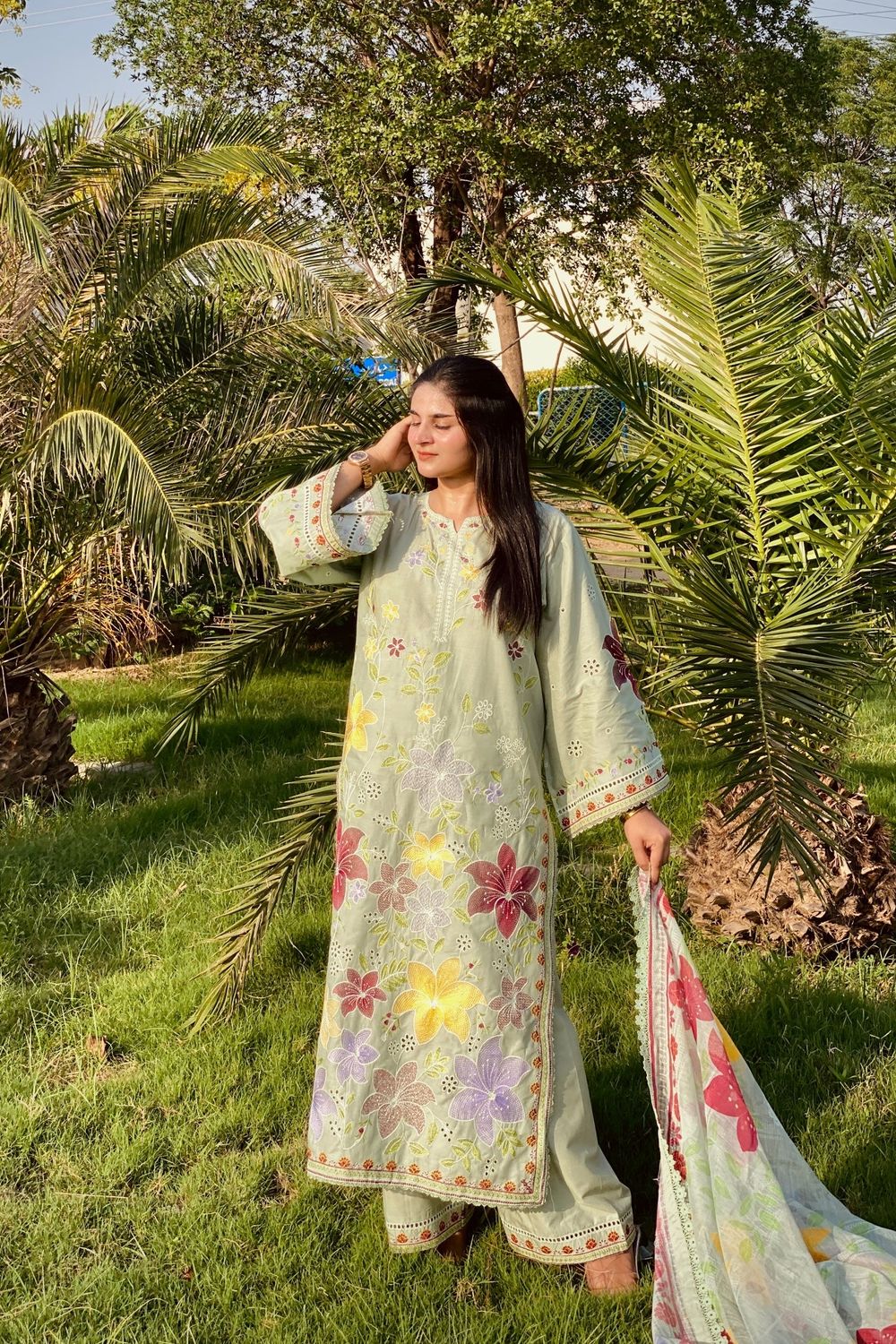 Pistachio Green Embroidered Lawn Kurta Set Online in Dubai UAE Abudhabi Ajman Sharjah