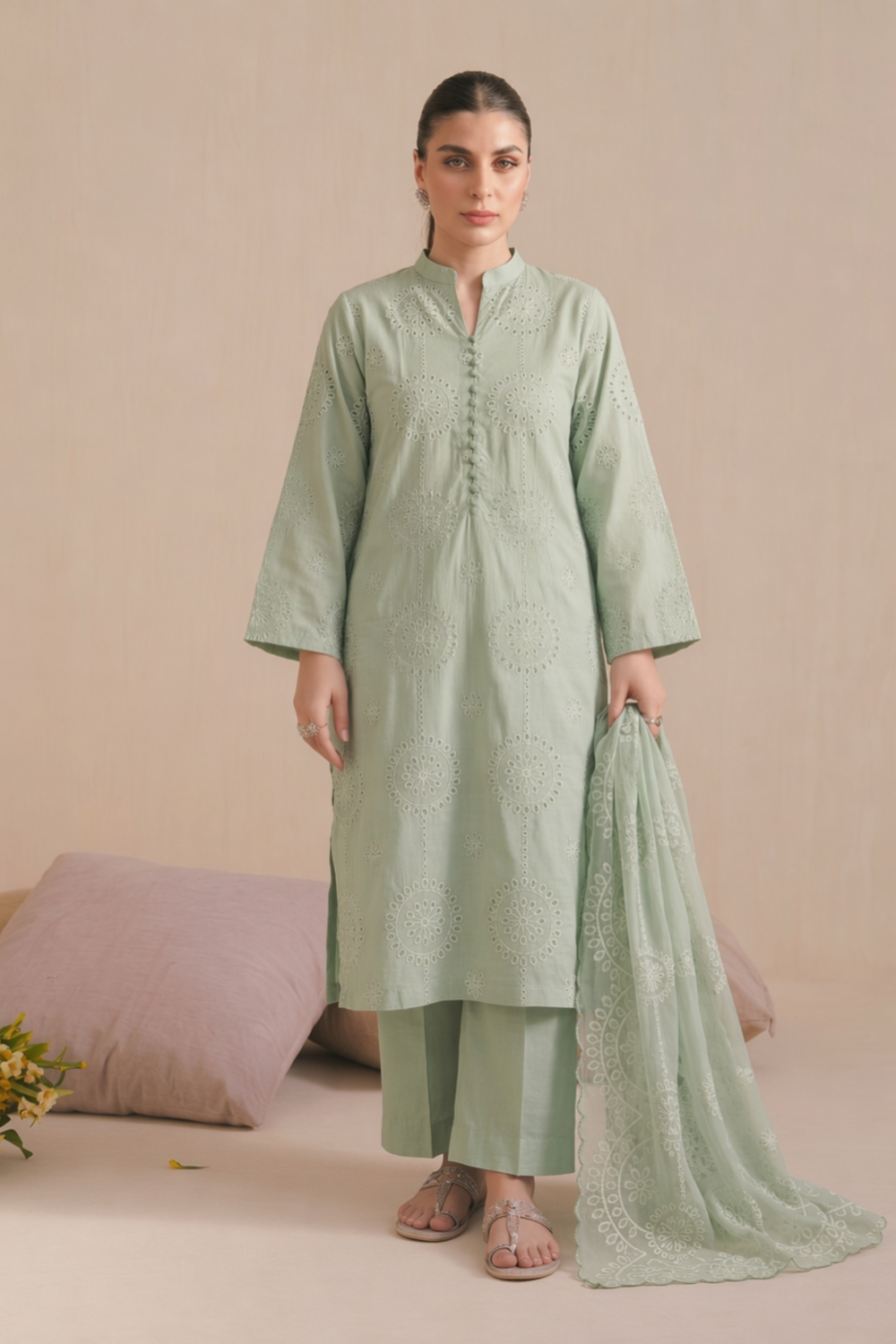 Pistachio Green Embroidered Lawn Salwar Suit Online in Dubai UAE Abudhabi Ajman Sharjah