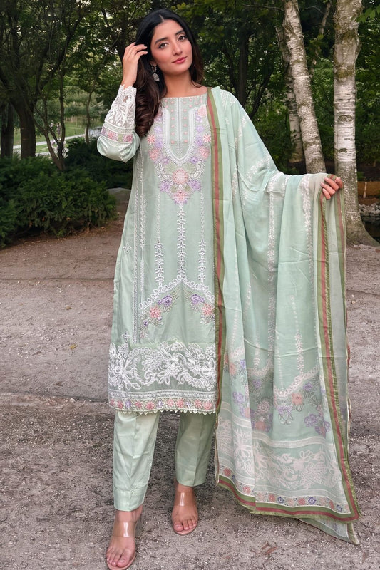 Pistachio Green Embroidered Lawn Salwar Suit Online in Dubai UAE Abudhabi Ajman Sharjah