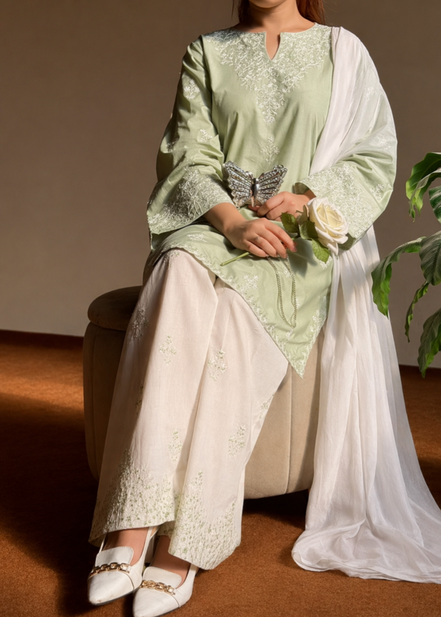 Pistachio Green Embroidered Lawn Straight Cut Kurta Online in UK USA Canada