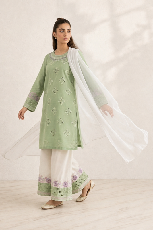 Pistachio Green Embroidered Lawn Straight Kurta Set Online in Dubai UAE Abudhabi Ajman Sharjah