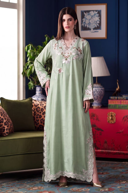 Pistachio Green Embroidered Linen Kaftan Online in Dubai UAE Abudhabi Ajman Sharjah