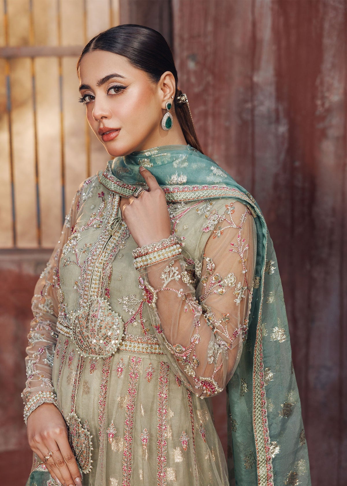 Pistachio Green Embroidered Net Pakistani Partywear Suit Online in KSA Riyadh Saudi Arabia Oman Bahrain Qatar