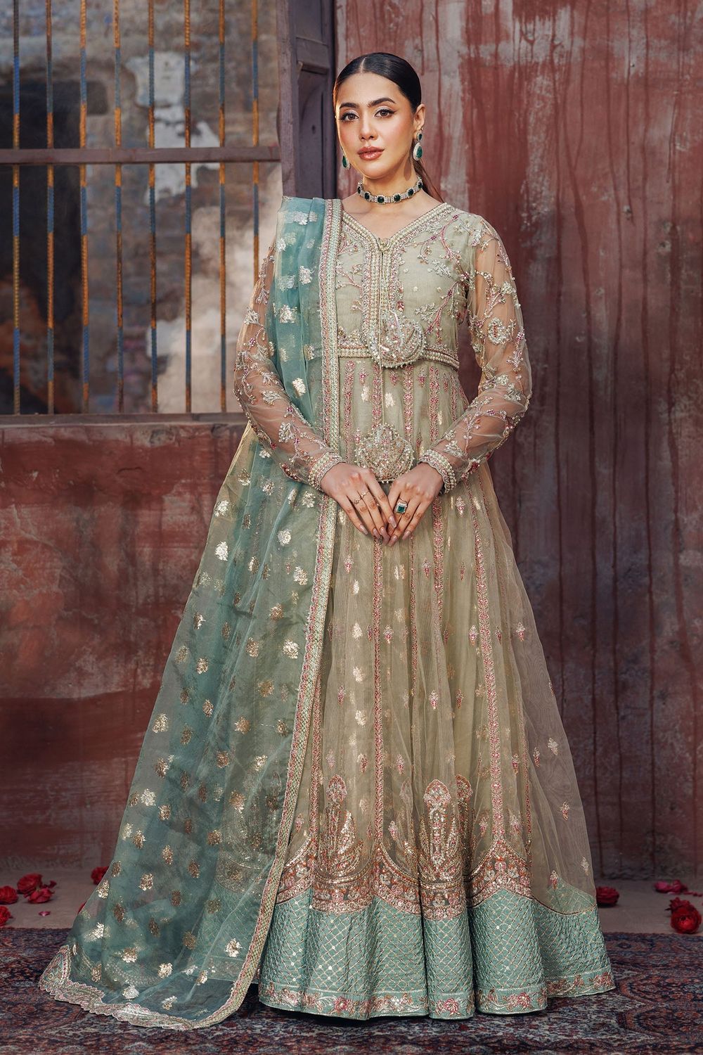 Pistachio Green Embroidered Net Pakistani Suit Online in Dubai UAE Abudhabi Ajman Sharjah