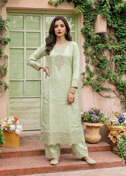 Pistachio Green Embroidered Organza Dupatta Chiffon Suit Online in Sri Lanka India Australia