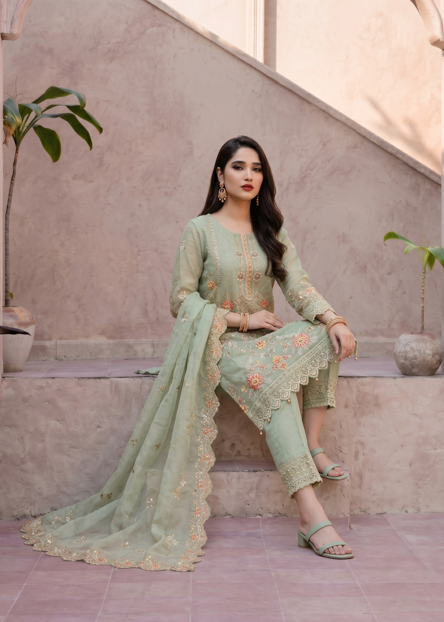 Pistachio Green Embroidered Organza Festive Dress Online in Dubai UAE Abudhabi Ajman Sharjah