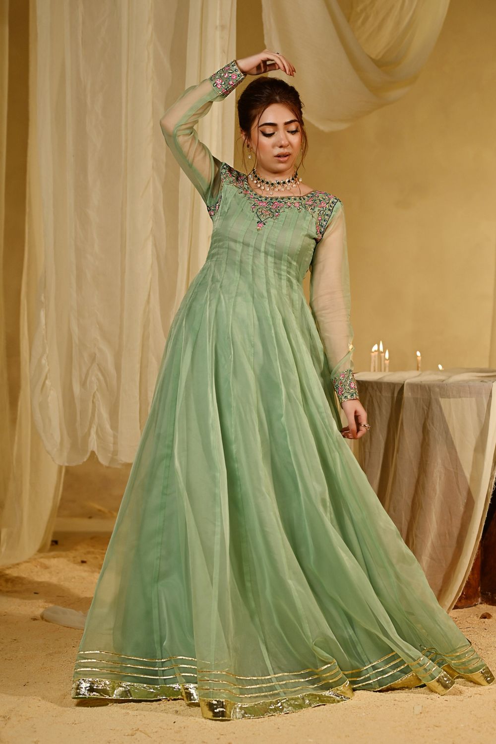 Pistachio Green Embroidered Organza Festive Suit Online in Dubai UAE Abudhabi Ajman Sharjah