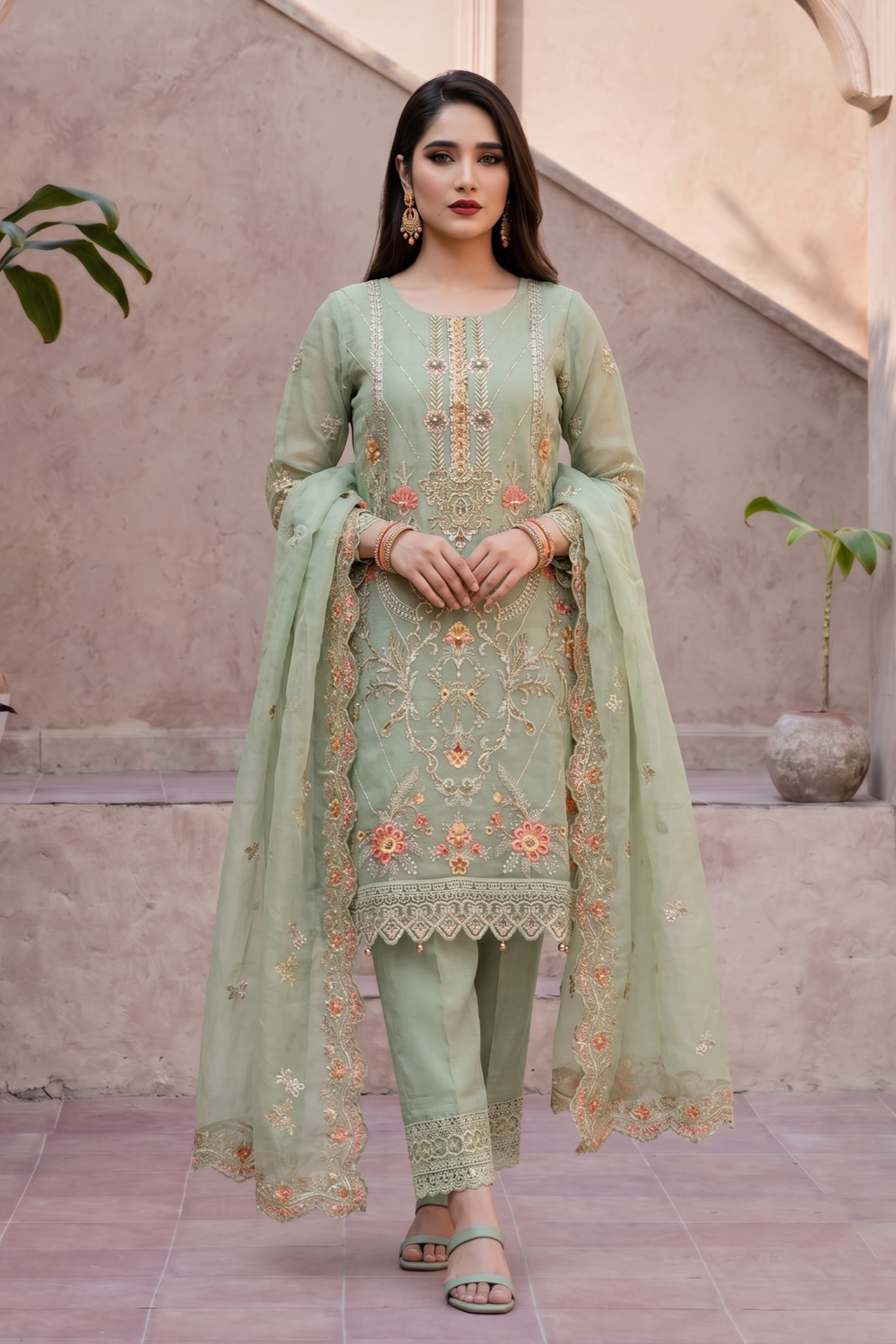 Pistachio Green Embroidered Organza Festive Suit Online in Dubai UAE Abudhabi Ajman Sharjah