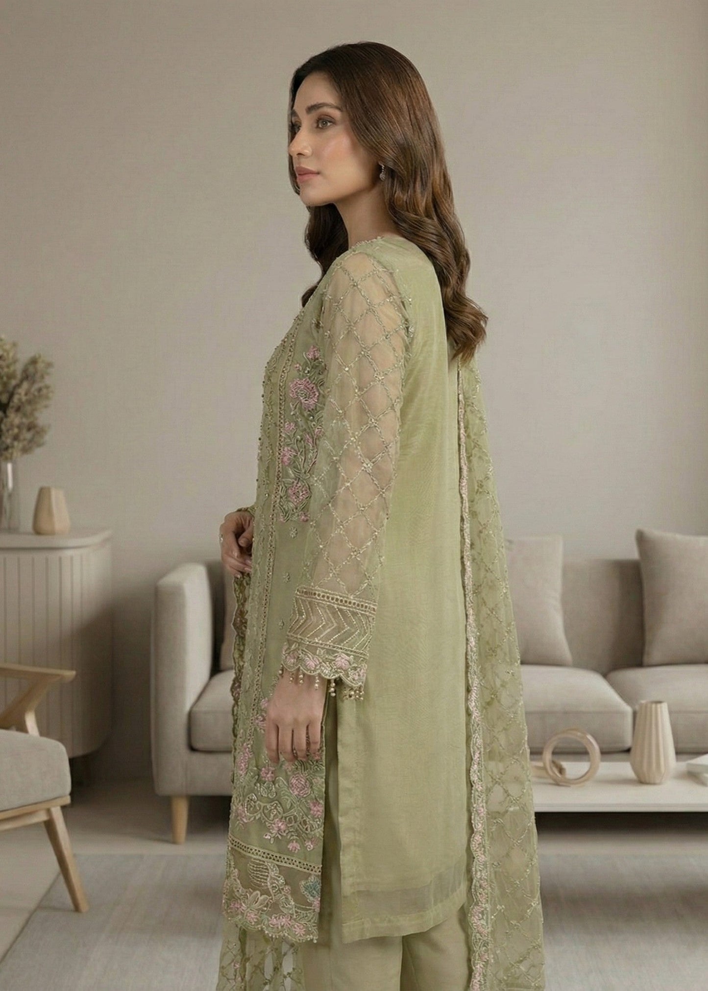 Pistachio Green Embroidered Organza Kurta Suit Online in Dubai DXB UAE Abudhabi Meena Bazaar