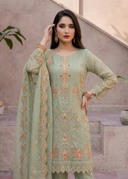 Pistachio Green Embroidered Organza Ladies Salwar Kameez Online in UK USA Canada