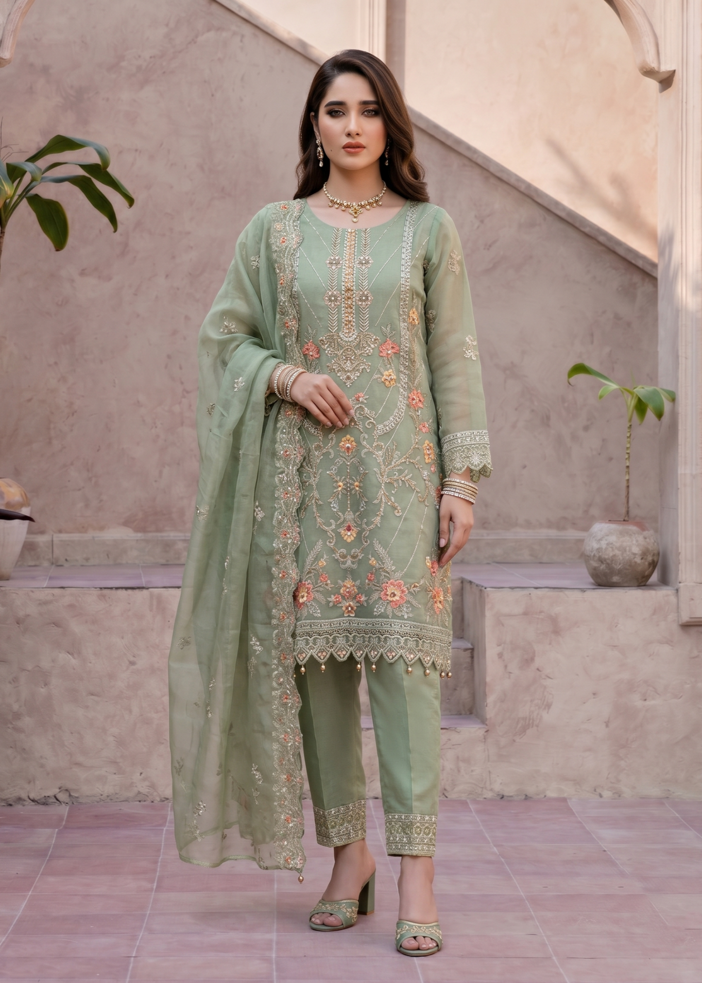 Pistachio Green Embroidered Organza Party Wear Dress Online in Sri Lanka India Australia