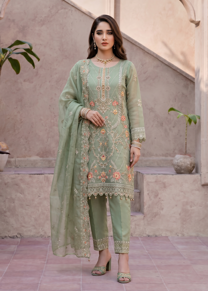 Pistachio Green Embroidered Organza Party Wear Dress Online in Sri Lanka India Australia