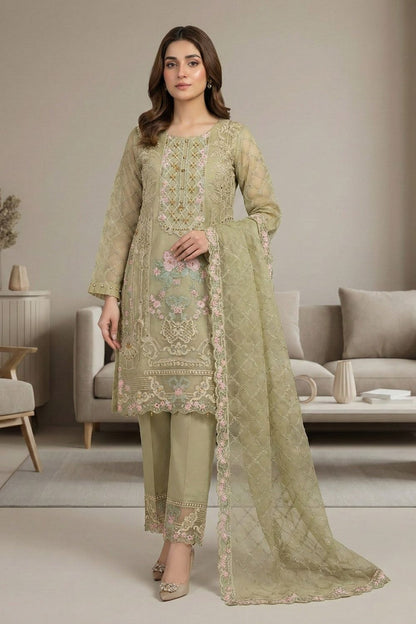Pistachio Green Embroidered Organza Partywear Suit Online in Dubai UAE Abudhabi Ajman Sharjah