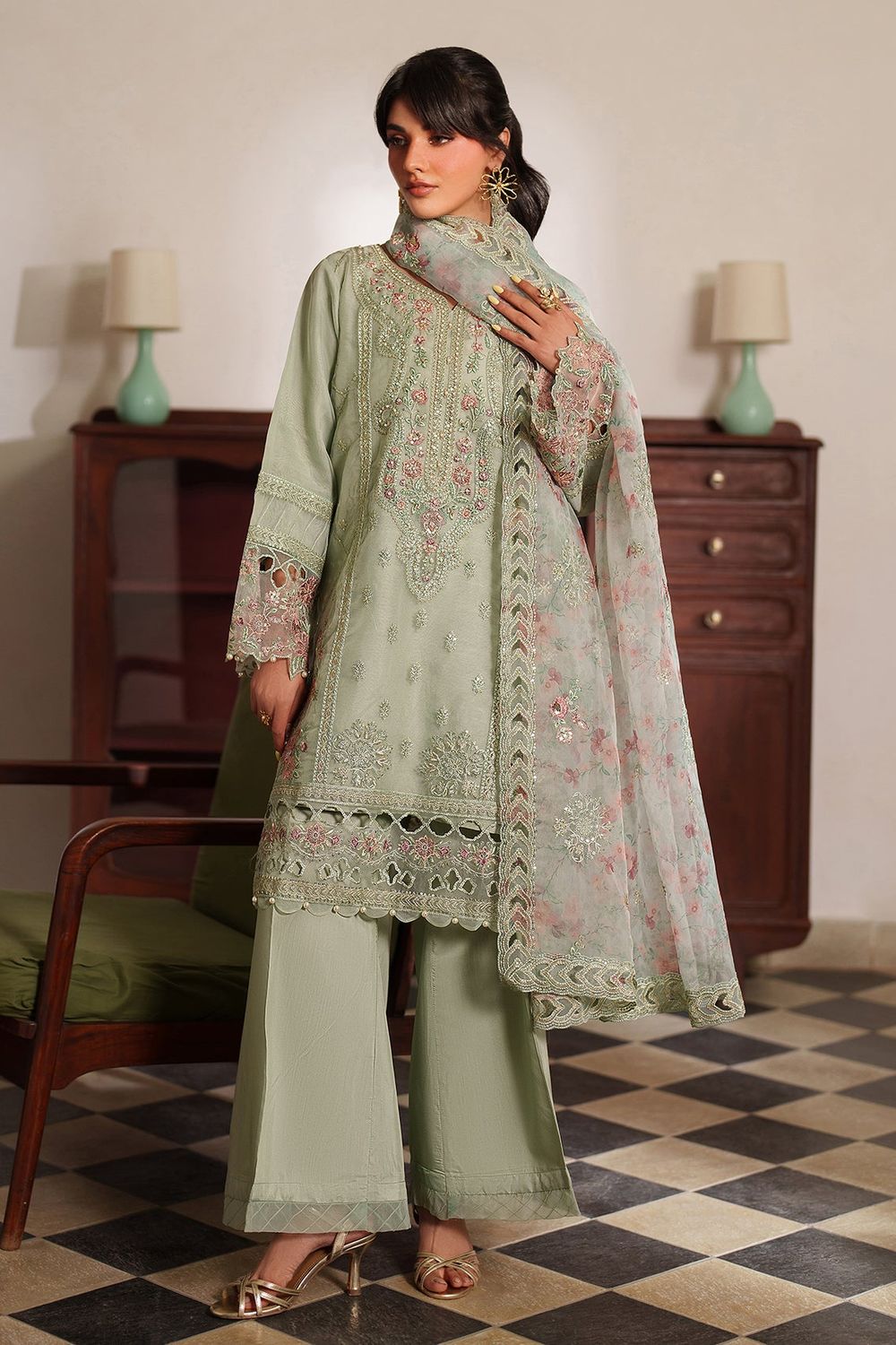 Pistachio Green Embroidered Organza Partywear Suit Online in Dubai UAE Abudhabi Ajman Sharjah