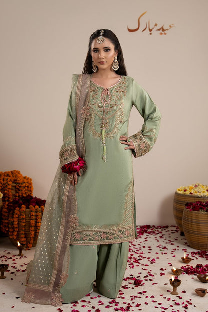 Pistachio Green Embroidered Raw Silk Farshi Shalwar Suit Online in Dubai UAE Abudhabi Ajman Sharjah