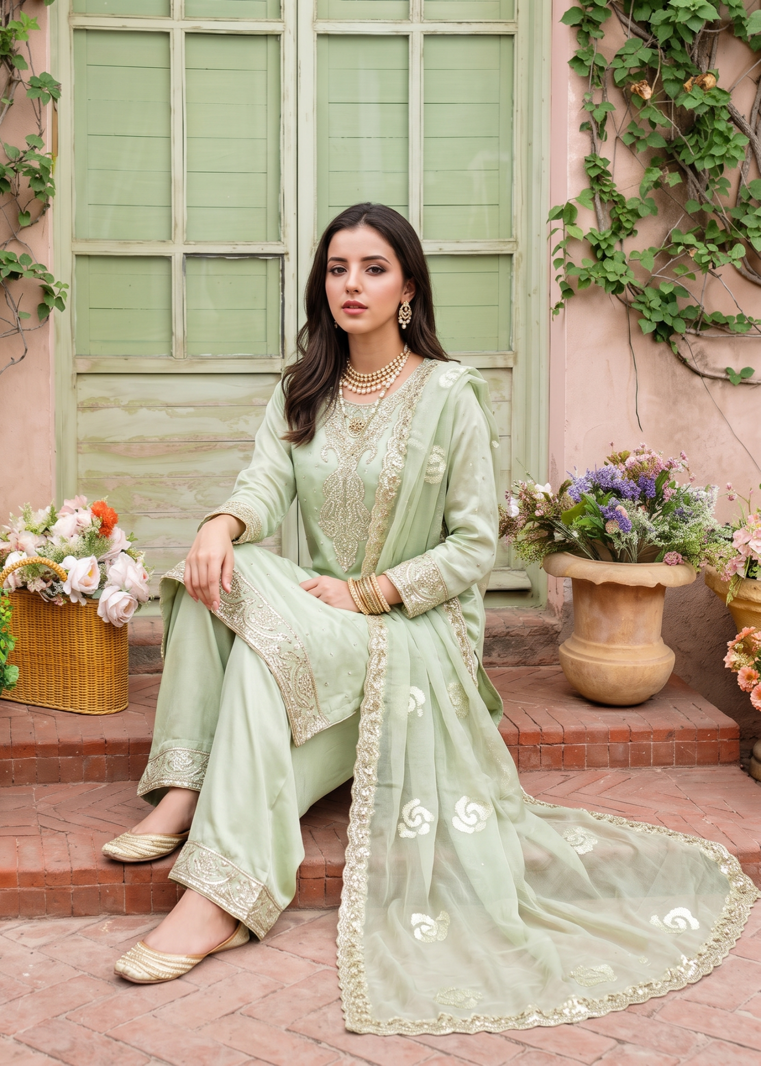 Pistachio Green Embroidered Raw Silk Trouser Chiffon Suit Online in UK USA Canada