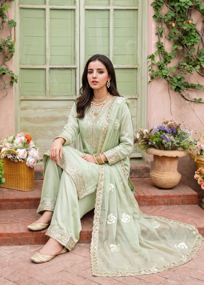 Pistachio Green Embroidered Raw Silk Trouser Chiffon Suit Online in UK USA Canada