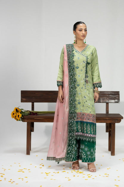 Pistachio Green Embroidered Silk Kurta Palazzo Suit Online in Dubai UAE Abudhabi Ajman Sharjah