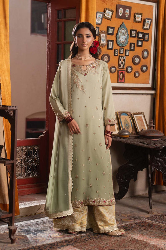 Pistachio Green Floral Embroidered Chiffon Wedding Guest Suit Online in Dubai UAE Abudhabi Ajman Sharjah