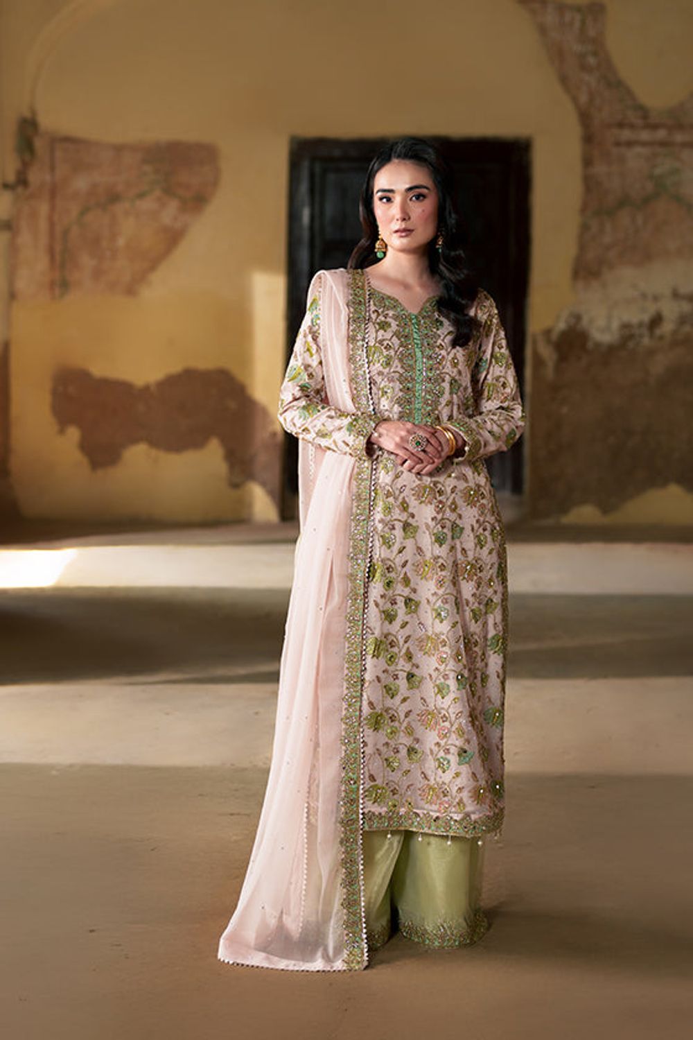 Pistachio Green Hand Embroidered Charmuse Salwar Kameez Online in Dubai UAE Abudhabi Ajman Sharjah