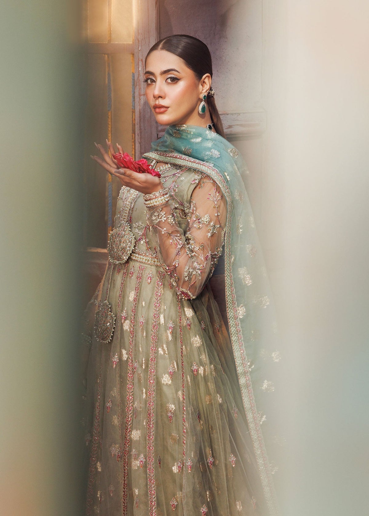 Pistachio Green Heavy Embellished Net Designer Salwar Kameez Online in Sri Lanka India Australia