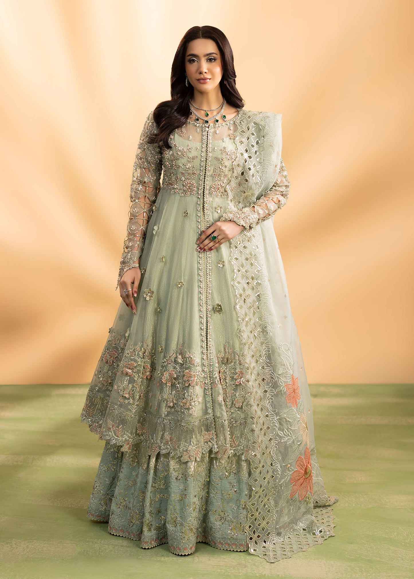 Pistachio Green High-Low Organza Outfit Online in Sri Lanka India Australia