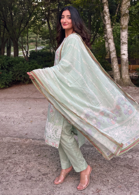 Pistachio Green Lawn 3 Piece Embroidered Salwar Kameez Online in Dubai DXB UAE Abudhabi Meena Bazaar