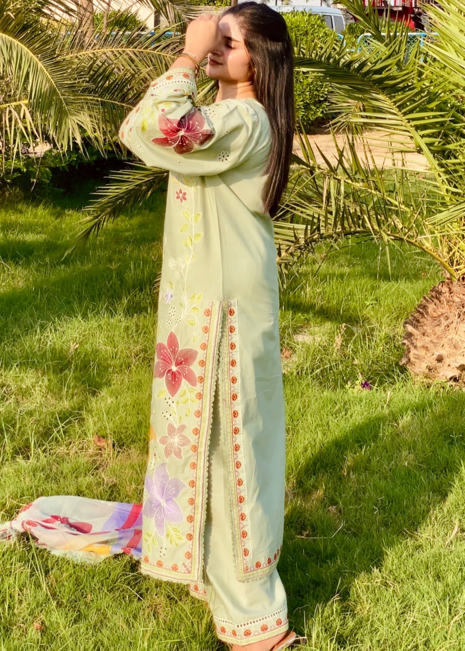 Pistachio Green Lawn Embroidered Kurta Pajama Online in Dubai UAE Abudhabi Ajman Sharjah