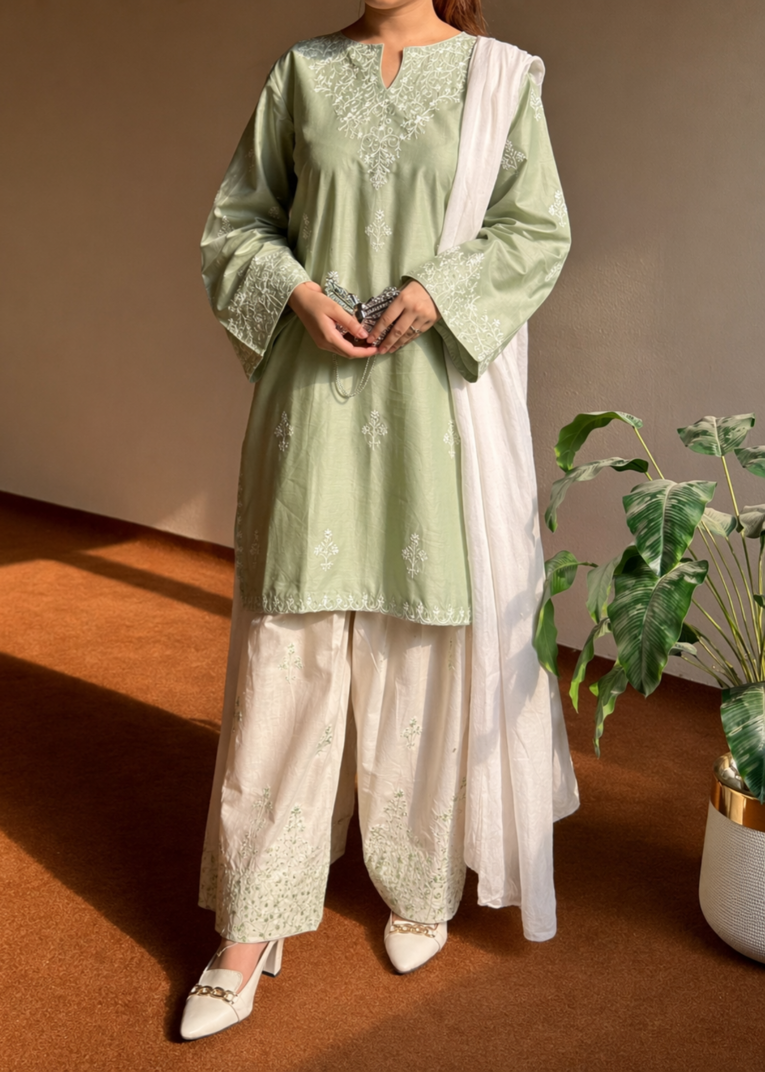 Pistachio Green Lawn Embroidered Ready to Wear Suit Online in Dubai UAE Abudhabi Ajman Sharjah