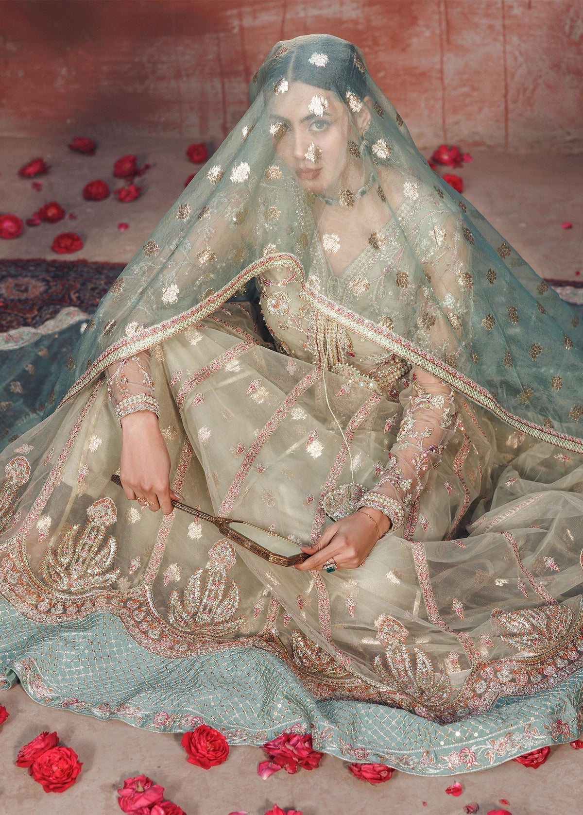 Pistachio Green Net Embellished Festive Wear Suit Online in Dubai UAE Abudhabi Ajman Sharjah