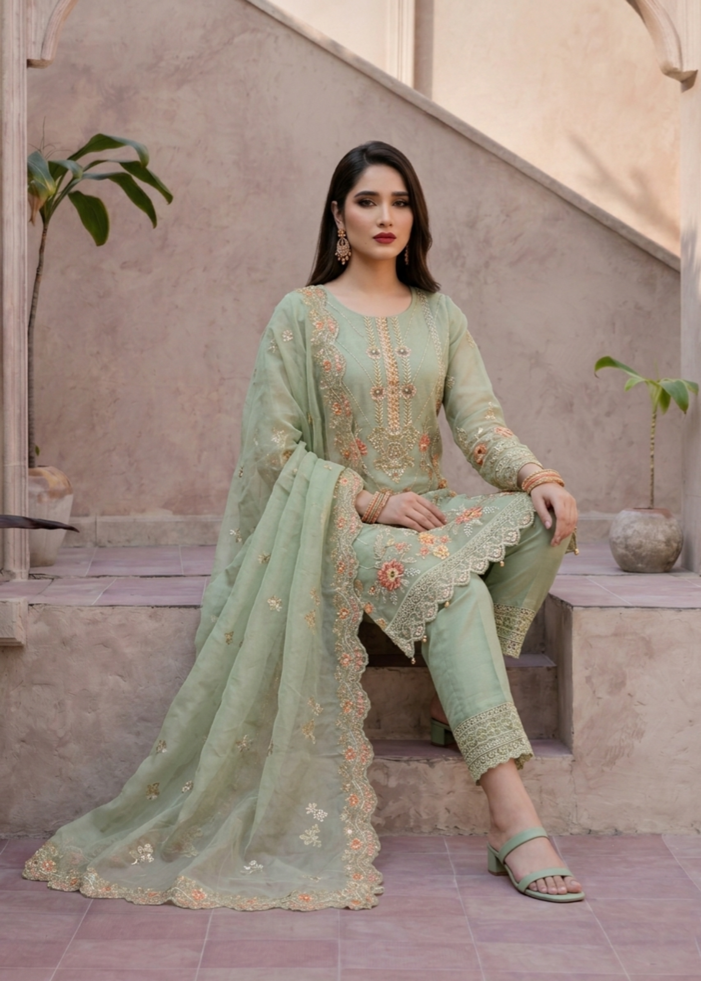 Pistachio Green Organza Embroidered Festive Wear Suit Online in Dubai UAE Abudhabi Ajman Sharjah