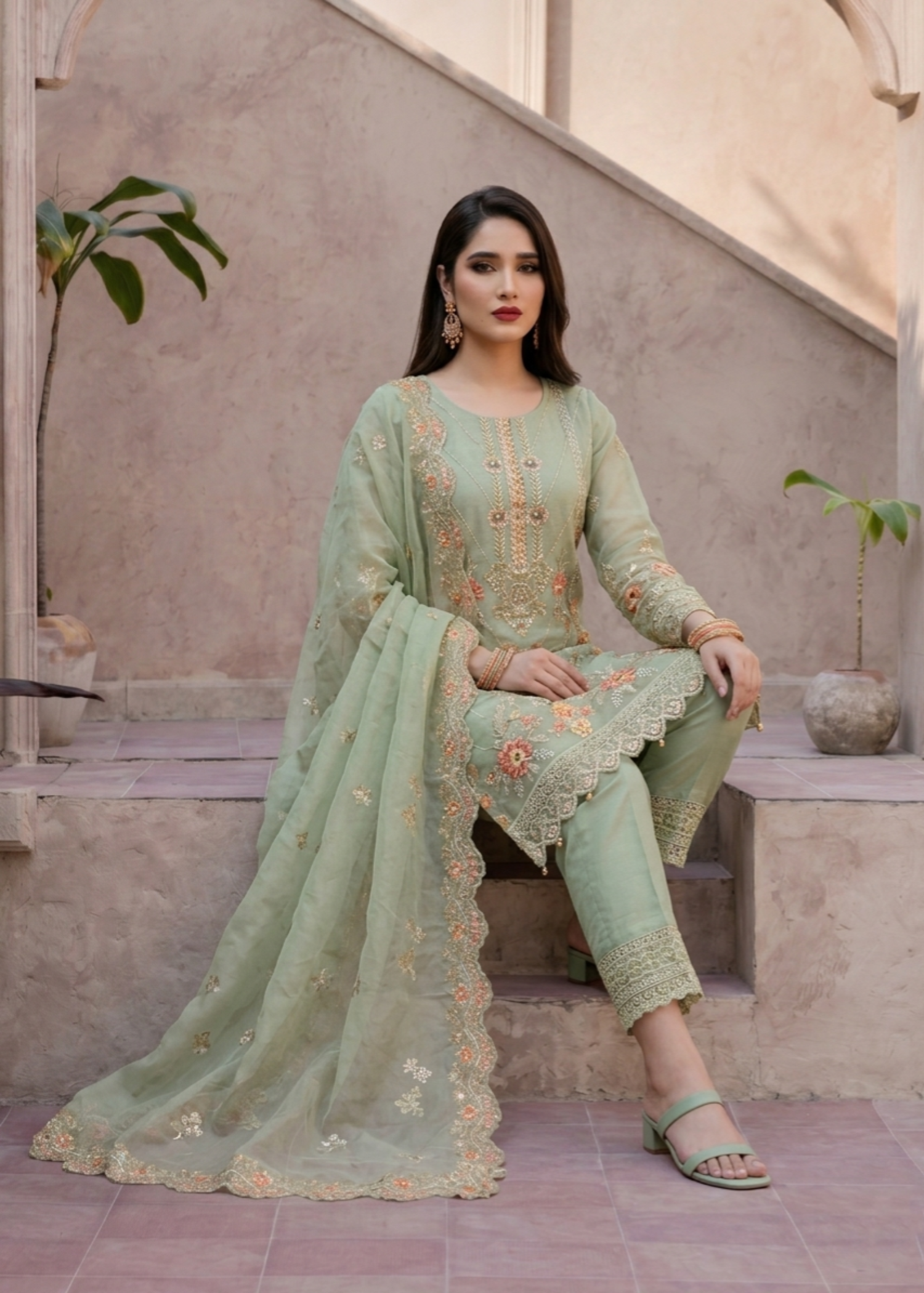 Pistachio Green Organza Embroidered Festive Wear Suit Online in Dubai UAE Abudhabi Ajman Sharjah