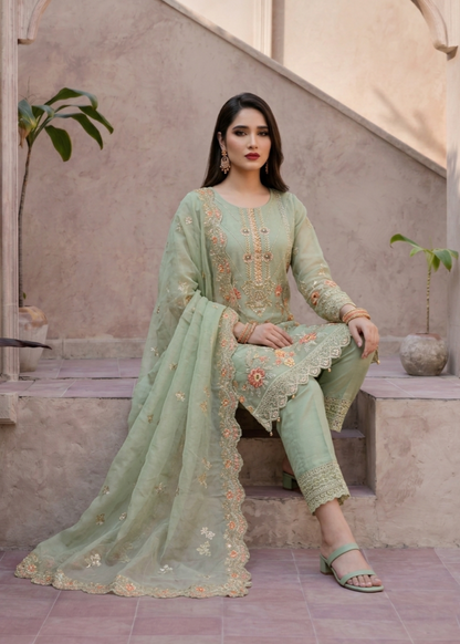 Pistachio Green Organza Embroidered Festive Wear Suit Online in Dubai UAE Abudhabi Ajman Sharjah