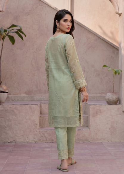 Pistachio Green Organza Embroidered Three Piece Suit Online in Dubai DXB UAE Abudhabi Meena Bazaar