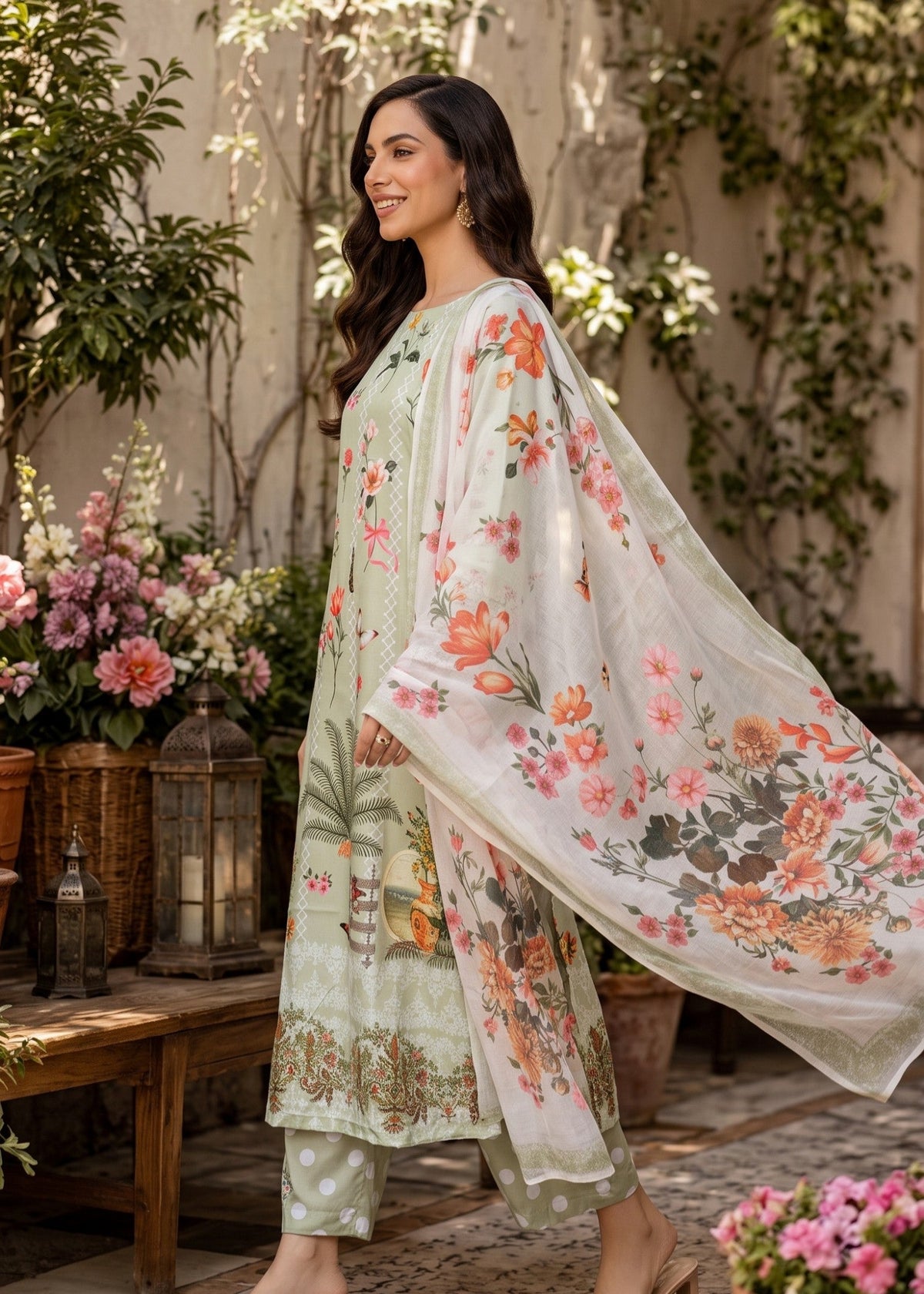 Pistachio Green Printed Lawn Pakistani Suit Online in Dubai DXB UAE Abudhabi Meena Bazaar