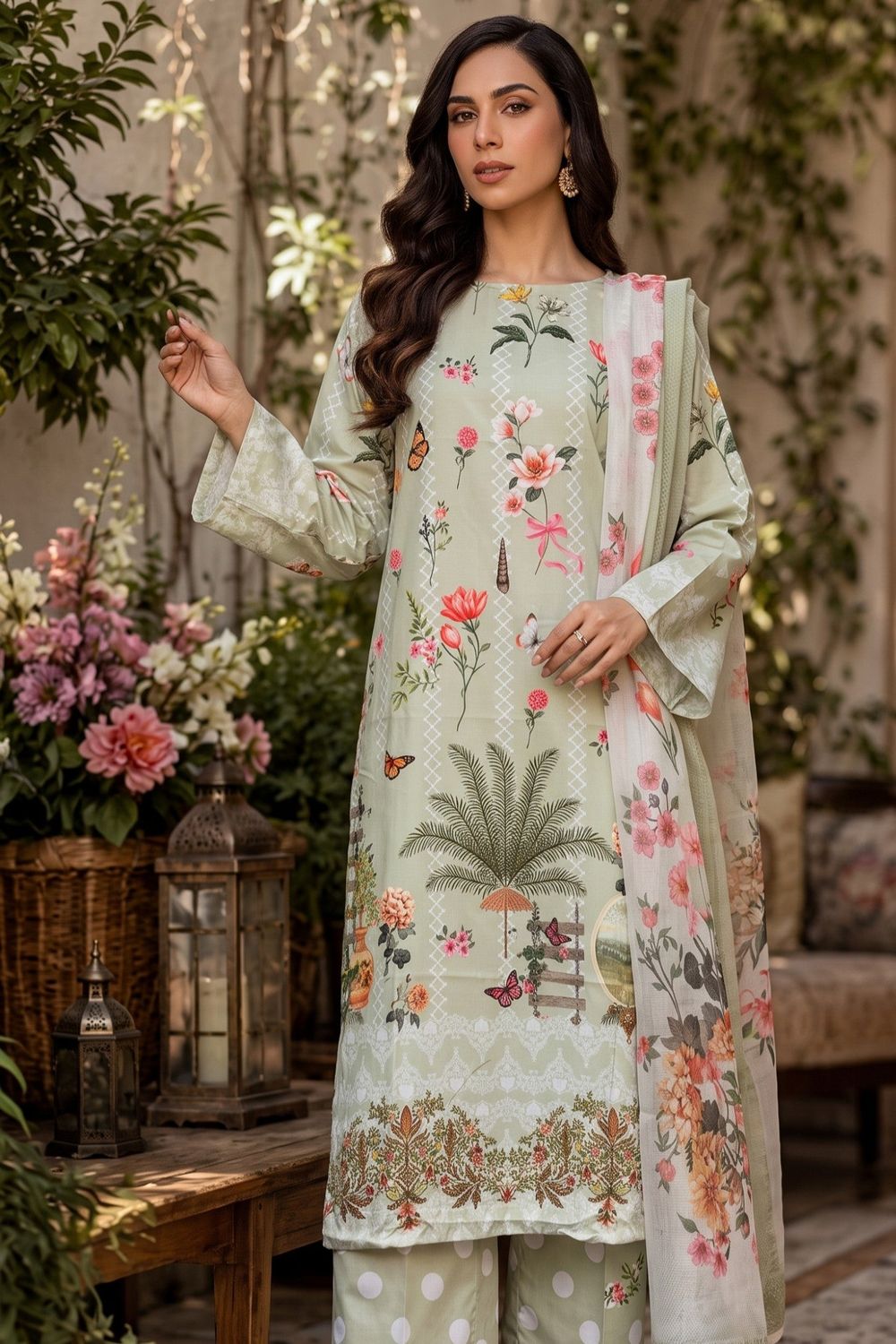 Pistachio Green Printed Poly Lawn Salwar Suit Online in Dubai UAE Abudhabi Ajman Sharjah
