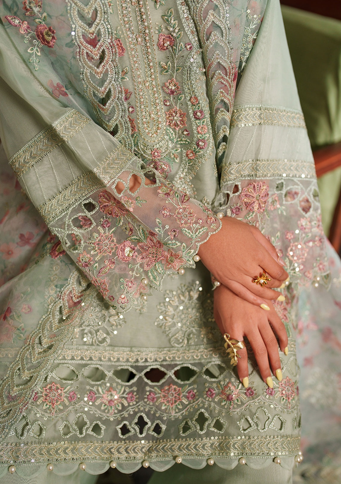 Pistachio Green Raw Silk Trouser Suit Online in Dubai DXB UAE Abudhabi Meena Bazaar