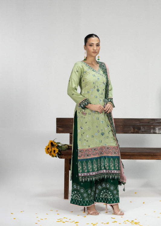 Pistachio Green Silk Embroidered 3 Piece Dress Online in Sri Lanka India Australia