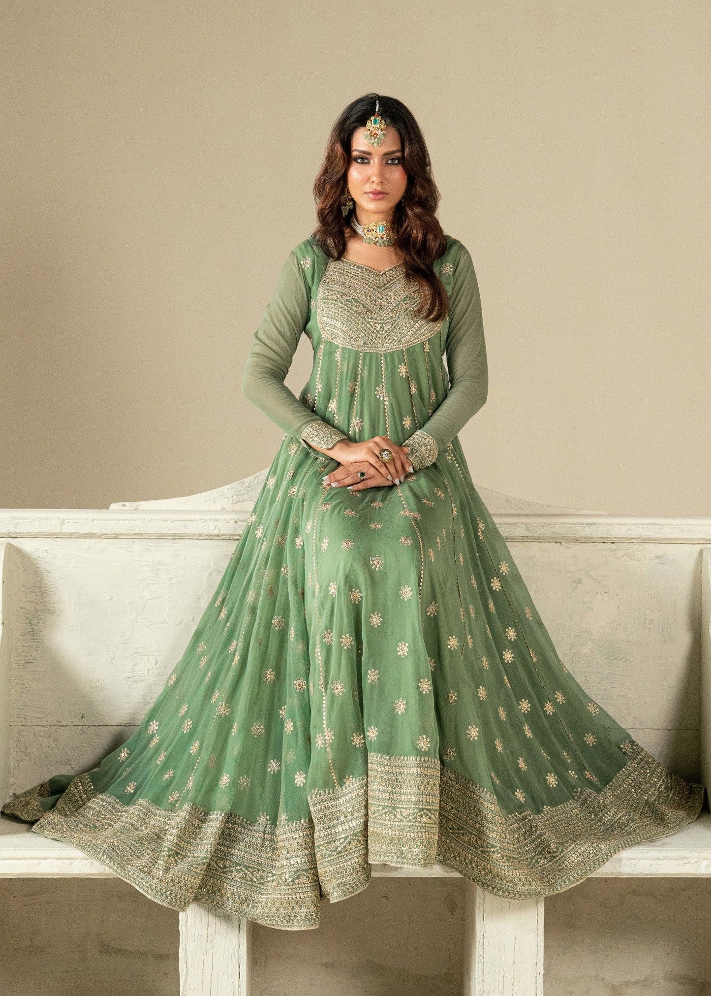 Pistachio Green Zari Resham Chiffon Maxi Dress Online in Dubai DXB UAE Abudhabi Meena Bazaar