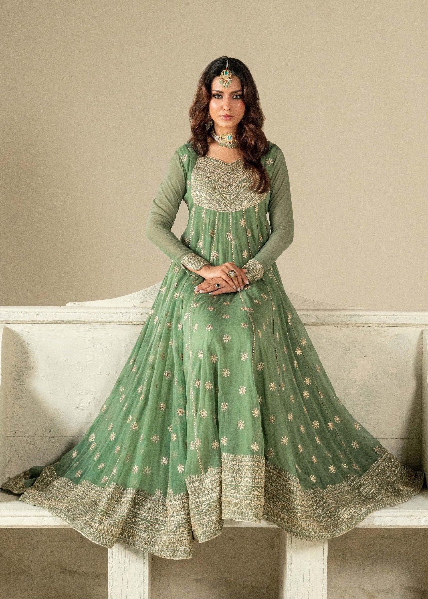 Pistachio Green Zari Resham Chiffon Maxi Dress Online in Dubai DXB UAE Abudhabi Meena Bazaar