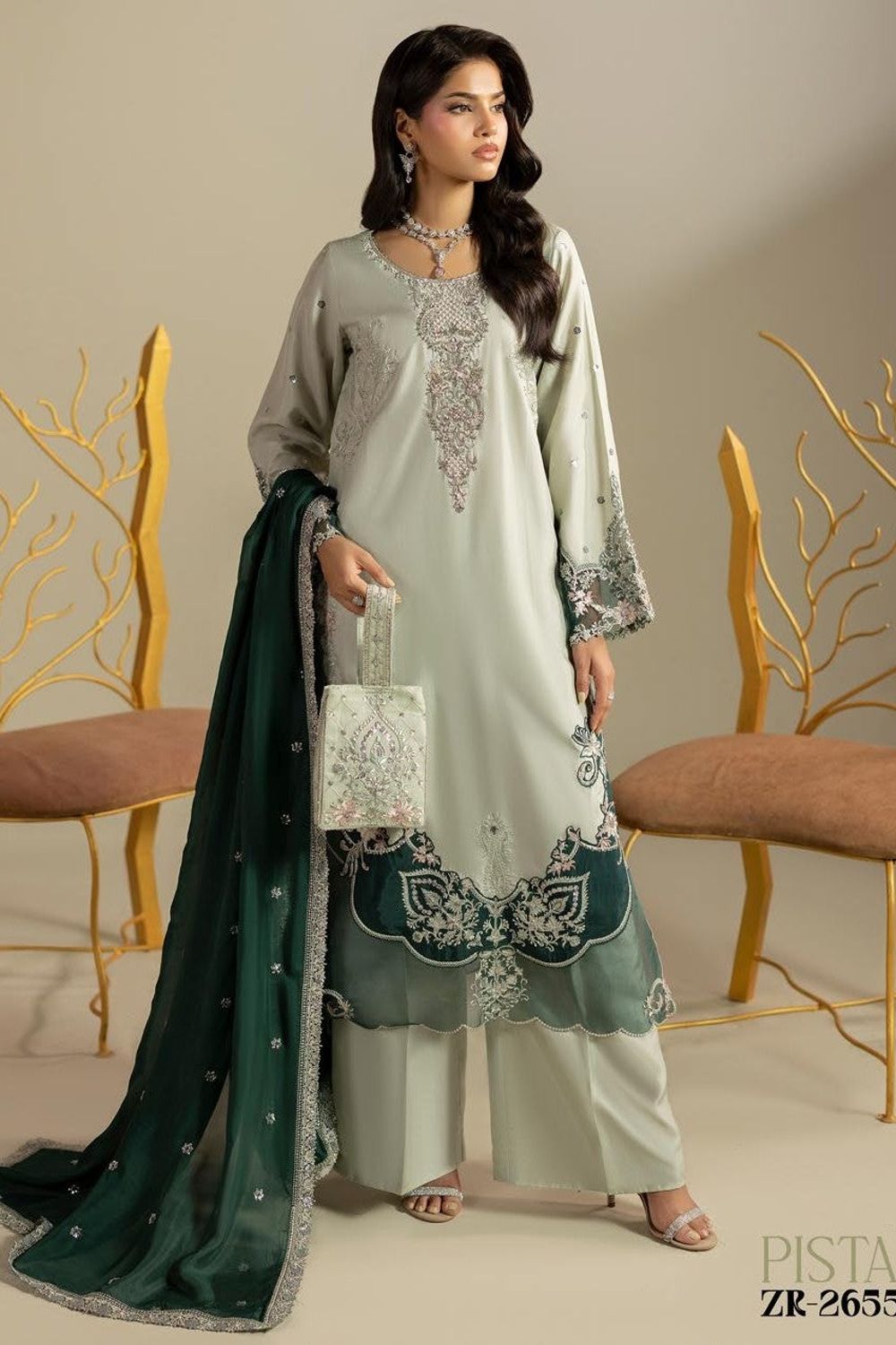 Pistachio Hand Embellished Raw Silk Pakistani Suit Online in Dubai UAE Abudhabi Ajman Sharjah