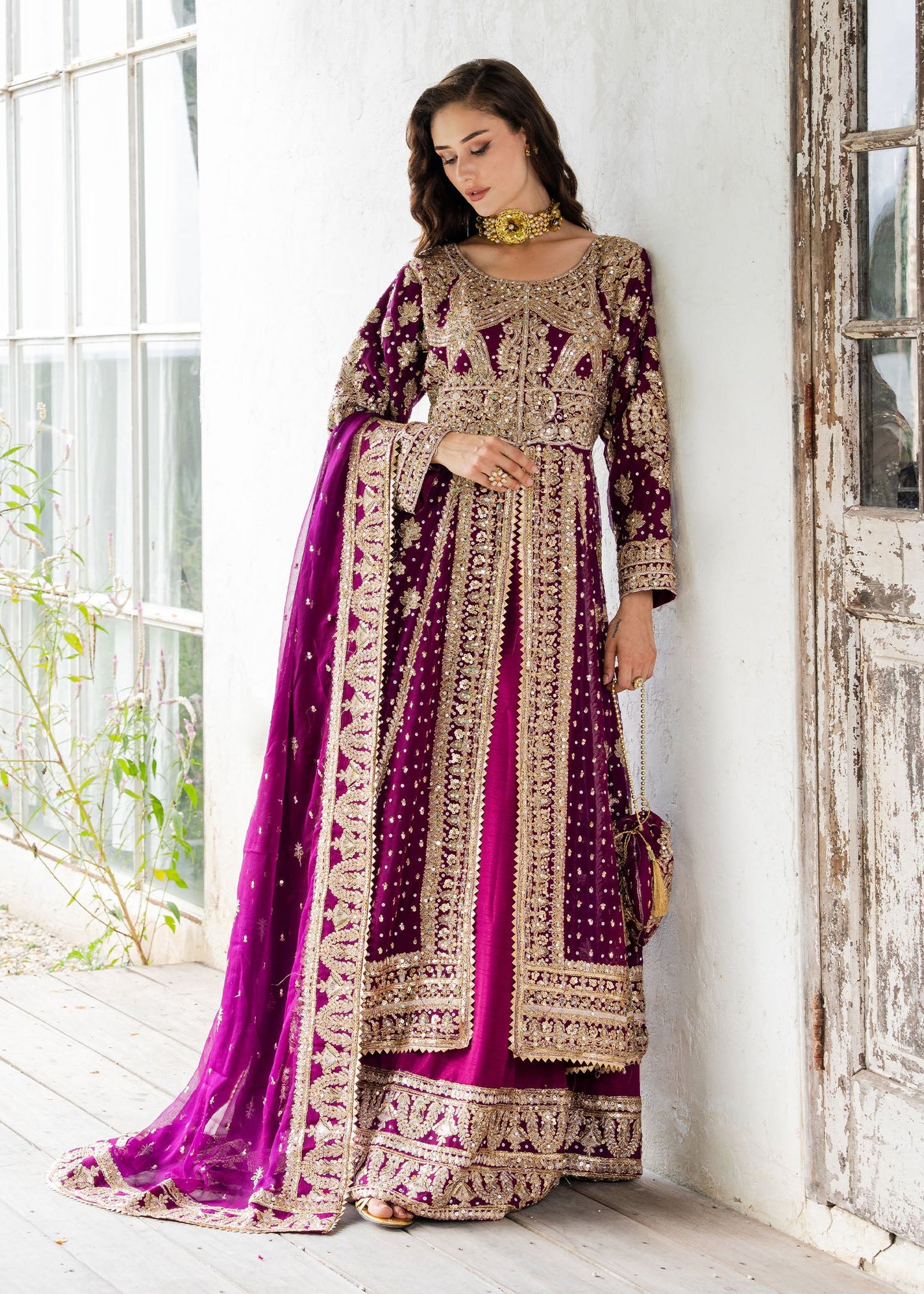 Plum Chiffon Embroidered Wedding Guest Wear Online in Dubai UAE Abudhabi Ajman Sharjah