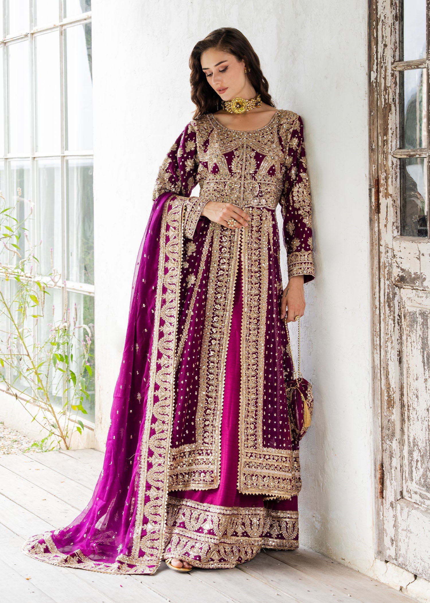 Plum Chiffon Embroidered Wedding Guest Wear Online in Dubai UAE Abudhabi Ajman Sharjah