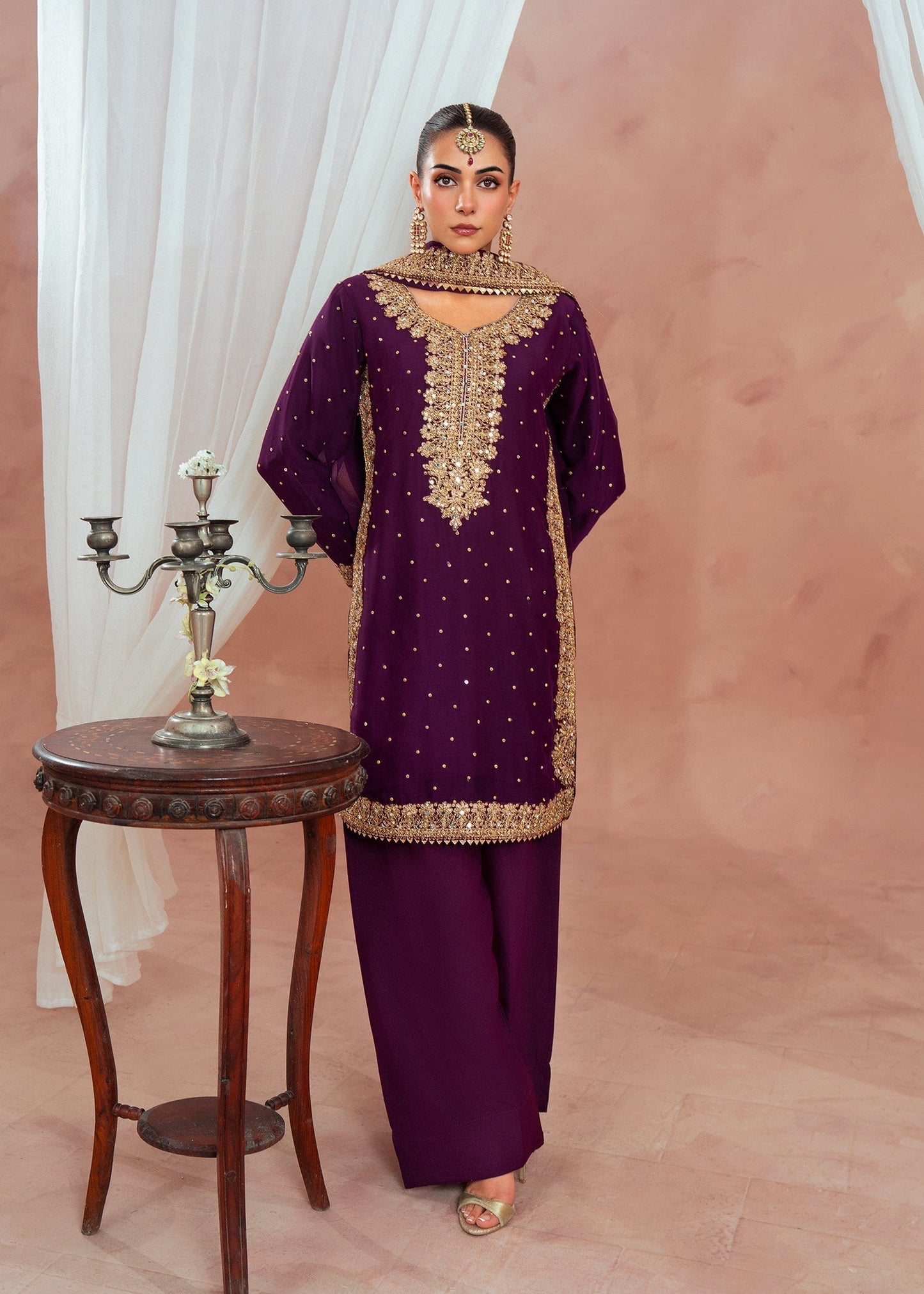 Plum Chiffon Partywear Ladies Suit Online in UK USA Canada