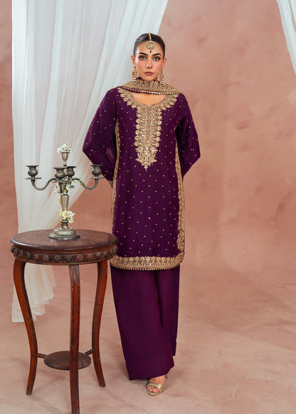 Plum Chiffon Partywear Ladies Suit Online in UK USA Canada