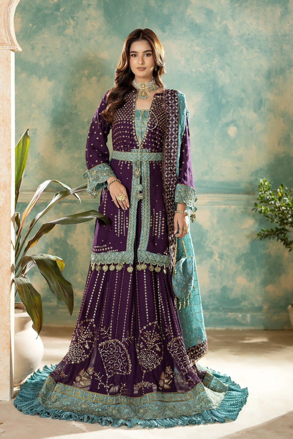 Plum Embroidered Chiffon Wedding Guest Gown Online in Dubai UAE Abudhabi Ajman Sharjah