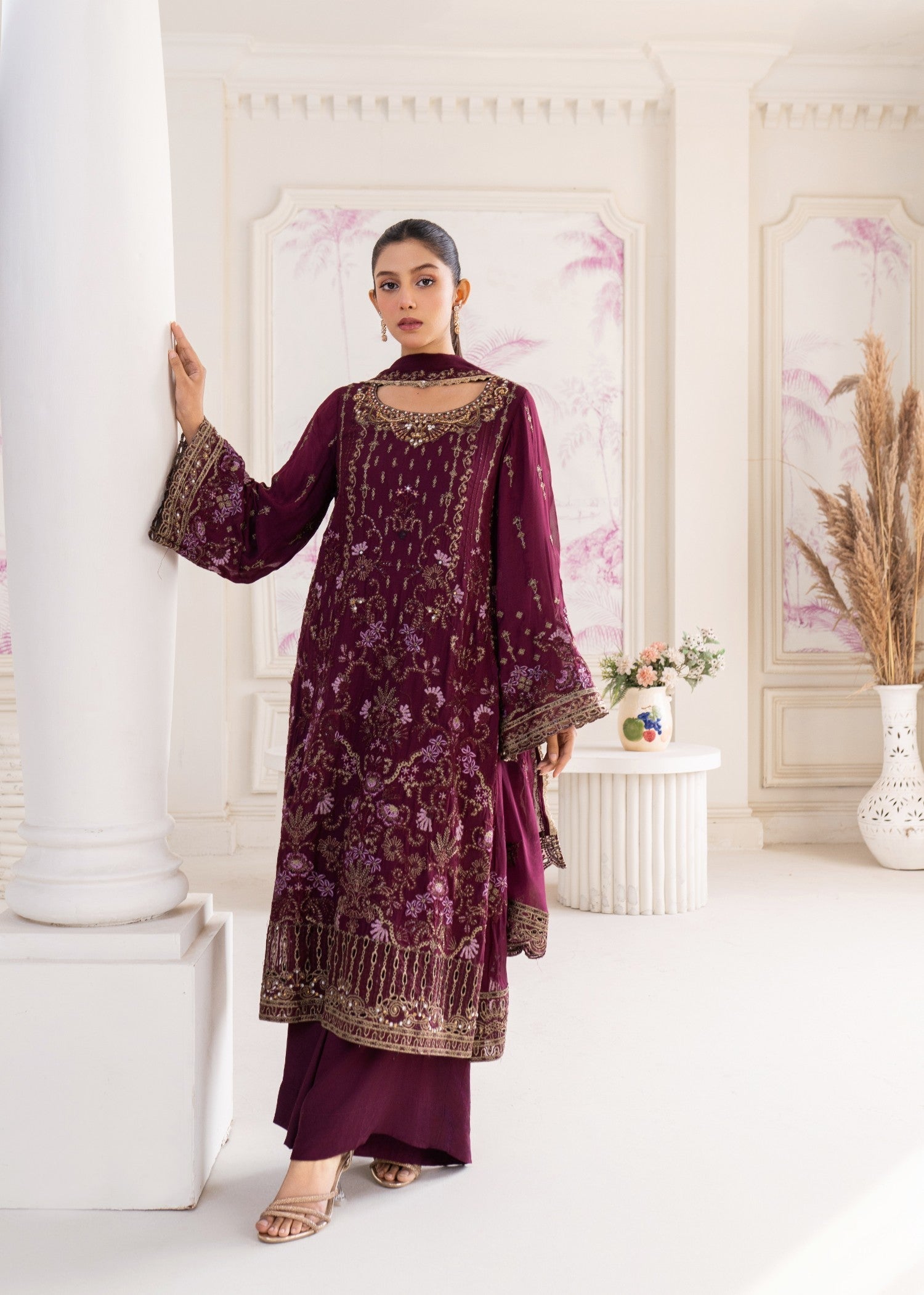 Plum Embroidered Georgette Chiffon Festive Wear Online in Dubai DXB UAE Abudhabi Meena Bazaar