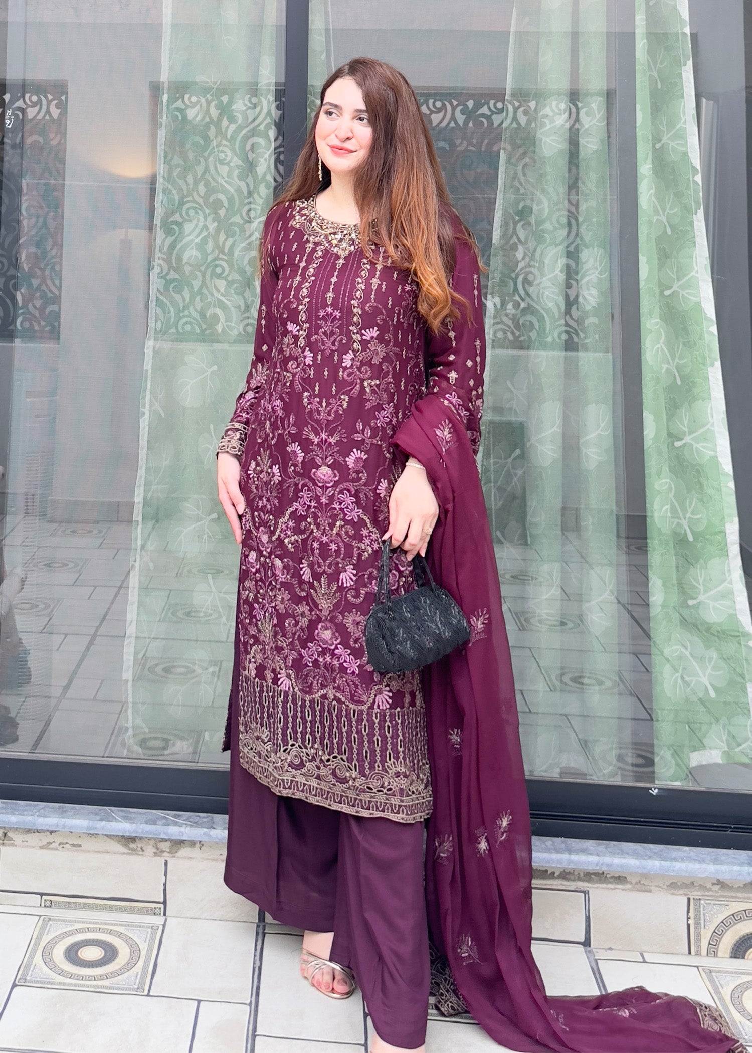Plum Embroidered Georgette Chiffon Pakistani Suit Online in Dubai UAE Abudhabi Ajman Sharjah