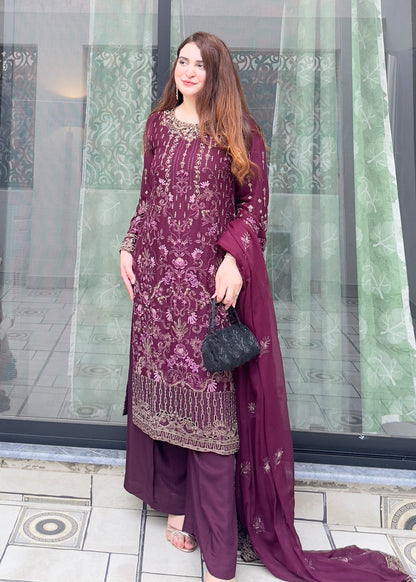Plum Embroidered Georgette Chiffon Pakistani Suit Online in Dubai UAE Abudhabi Ajman Sharjah
