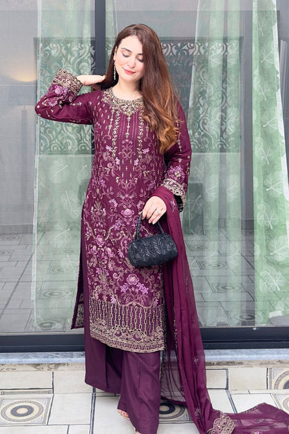 Plum Embroidered Georgette Chiffon Partywear Suit Online in Dubai UAE Abudhabi Ajman Sharjah